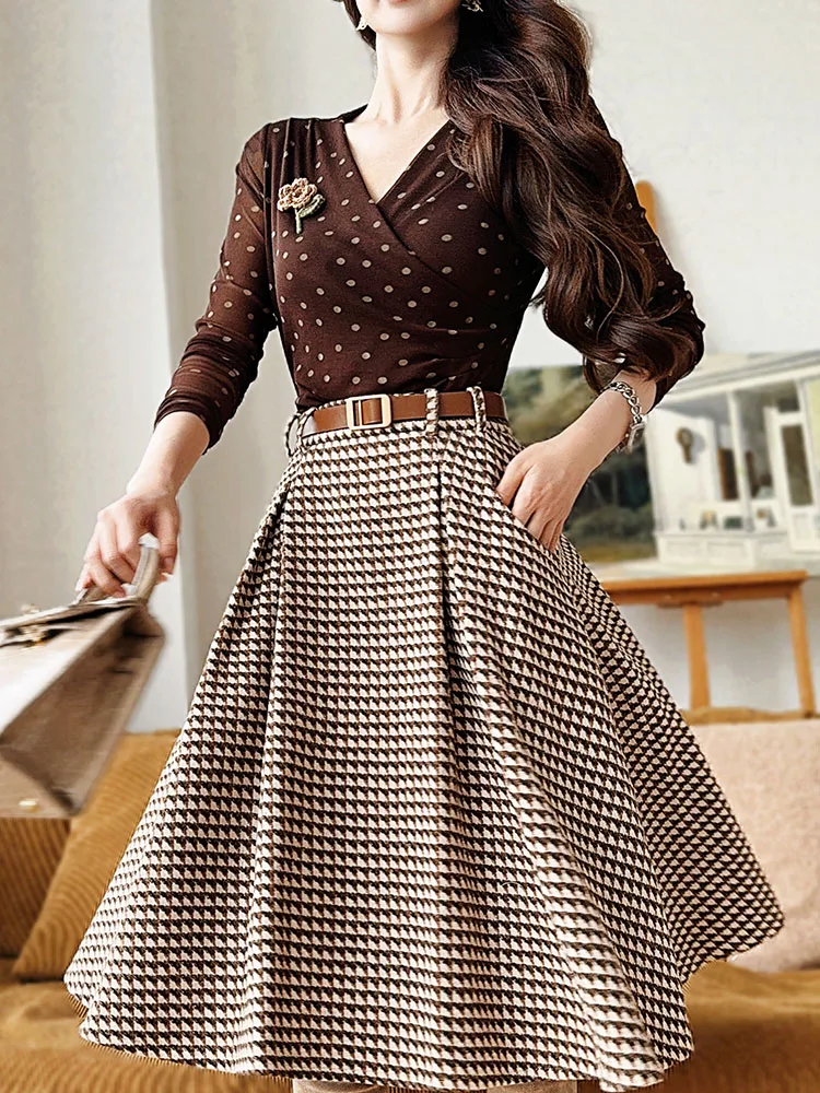 French Elegance Temperament High Waist Belt A-line Pocket Plaid Skirt Casual Commuting Brown Woolen Long Skirts Women Autumn