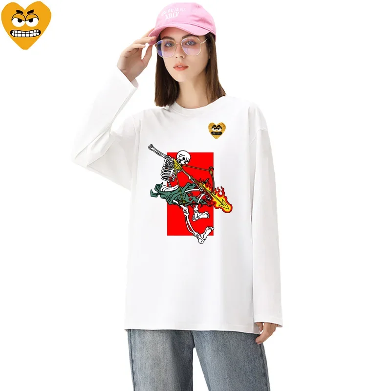 Break Egg Women Long Sleeve T-shirt Cotton Cartoon Cute Tooth Embroidery Skeleton Bow Arrow Print O-neck Women's Summer T-shirt