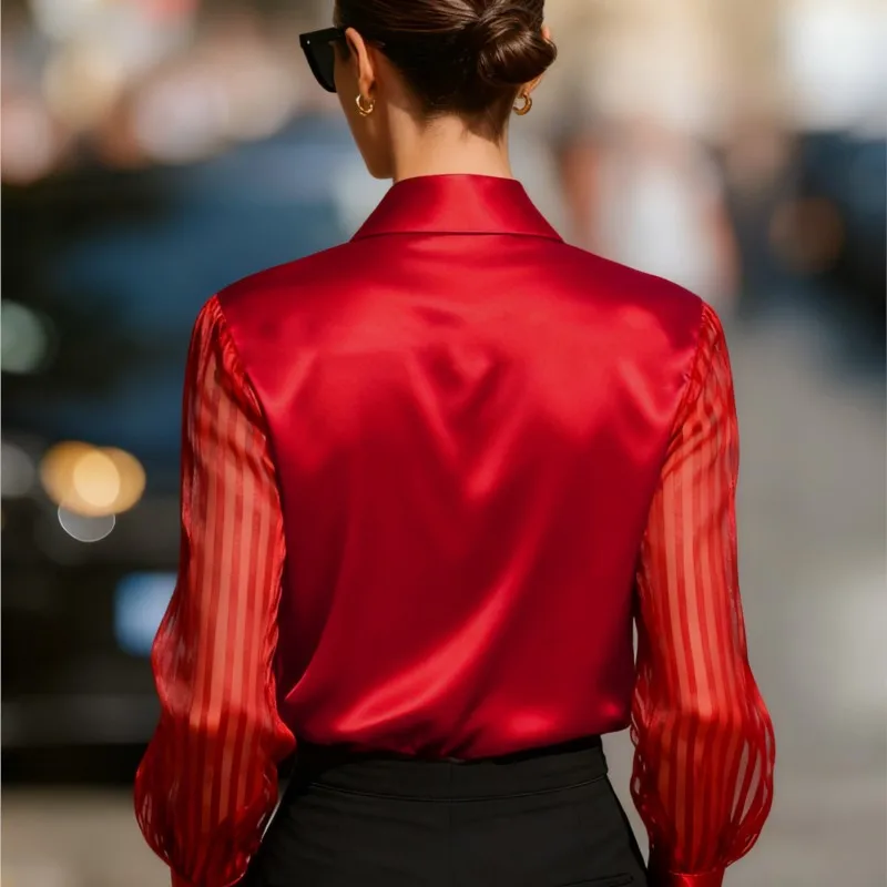 2026년 가을 여성용 긴팔 새틴 셔츠, 패셔너블하고 우아한 턴다운 칼라 루즈핏 시스루 스플라이스 블라우스 및 탑