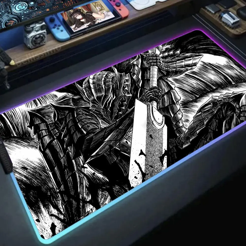 RGB Mouse Pad Anime Berserk Guts Gaming Accessories Computer Keyboard Backlit LED Deskmats Gabinete Gamer Carpet Tapis De Souris