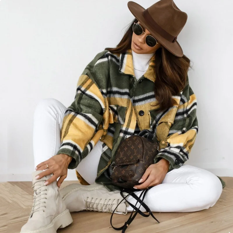  New Autumn Winter Fashion Neutral Style Outwear Streetwear Vintage Plaid Jacket Women Loose Long Sleeve Warm Oversized Coat