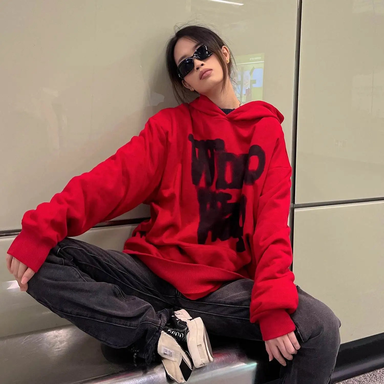 

Black Graphic Women's Sweatshirt Red Top Woman Clothing Baggy Loose Harajuku Fashion Emo Nice Color Casual Long Sleeve Y2k Style