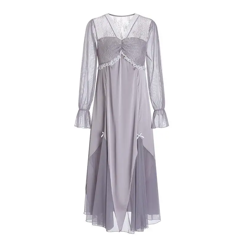 Lace Satin Intimate Lingerie Women Sleepwear Nightgown V Neck Home Wear Patch Work Mesh Long Sleeve Home Clothes Night Gowns