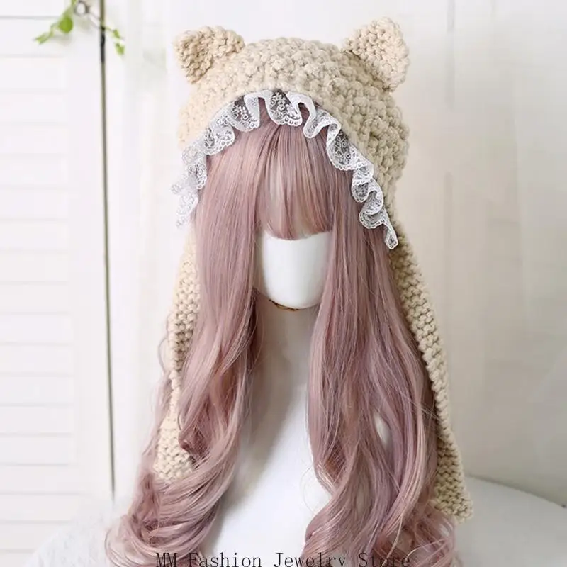 D0UB محبوك آذان القط قبعة الكرتون الدافئة Earflap قبعة الشتاء الانحناء قبعة الكروشيه #5