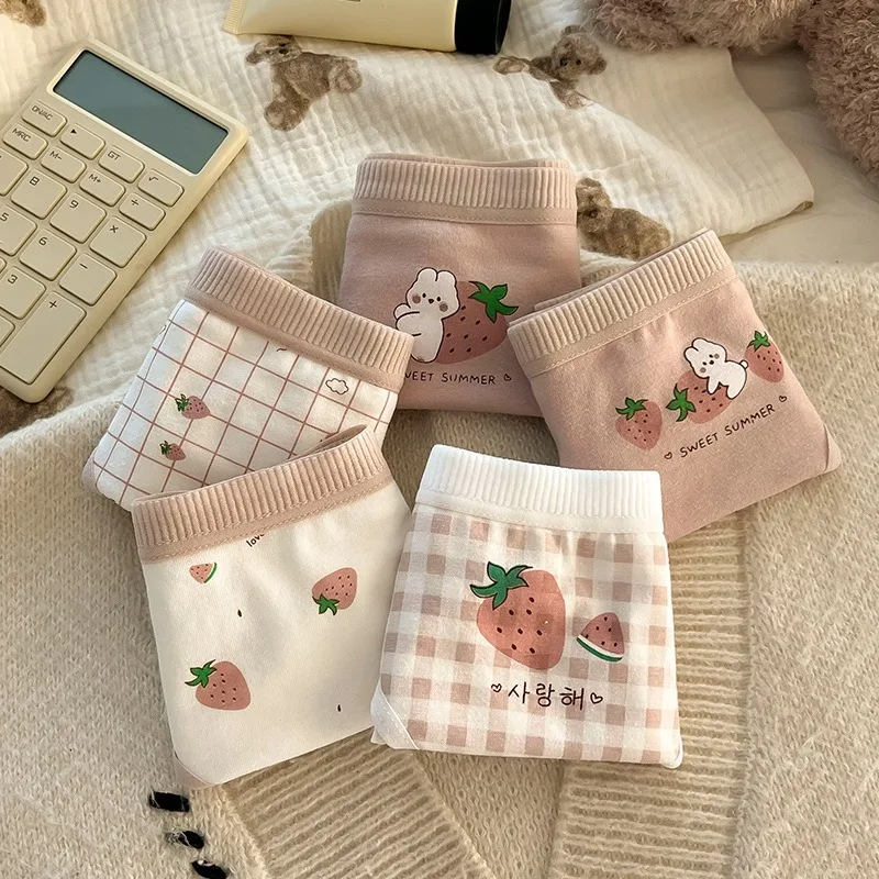 

5PCS Kids Girls Cotton Soft Antibacterial Briefs Baby Cute Strawberry Print Panties 2+y Young Children Thin Breathable Underwear