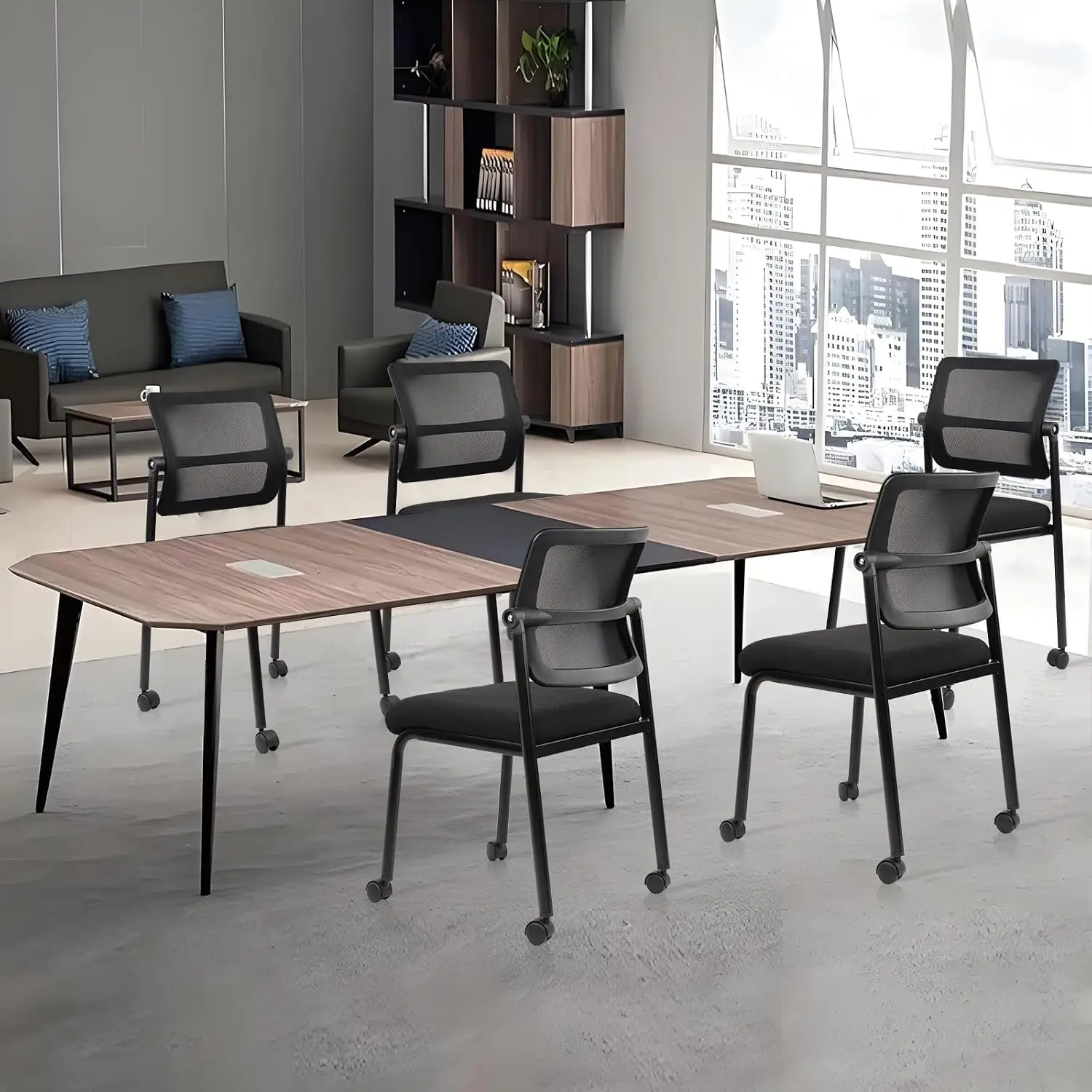 Black Mesh Stacking Office Guest Chair 4-Pack with Wheels, Armless Design, Adjustable Backrest for Conference, Lobby, School