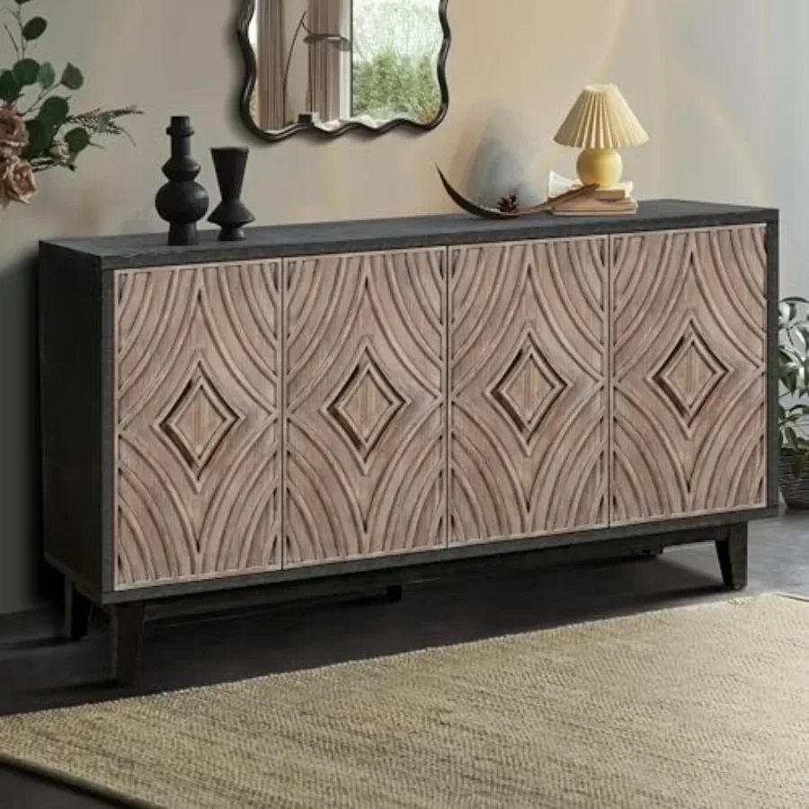 Sideboard Buffet Cabinet for Kitchen and Dining Room Use, Solid Wood Construction, Natural Wood Color, Featuring 4 Convex Diamo