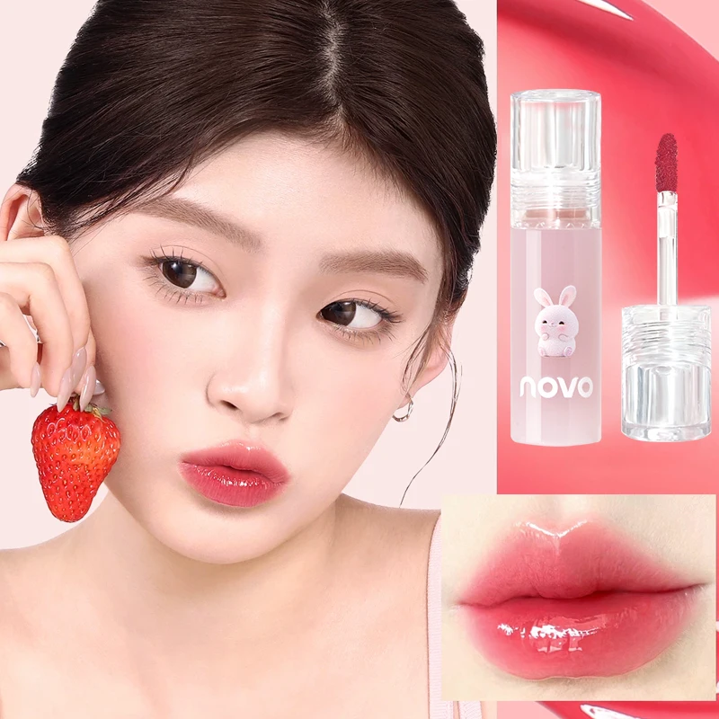 Brilho labial de gelatina de coelho fofo, esmalte labial brilhante hidratante, com batom nutritivo de óleo de semente de girassol, copo antiaderente de longa duração