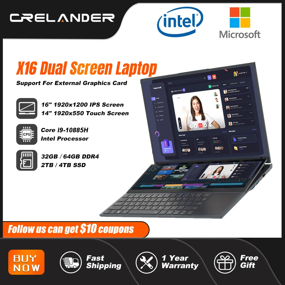 CRELANDER Double Screen Laptop Core i9 10th Generation Windows 11 Touch Screen Gamer Laptop PC Portable Notebook Computer