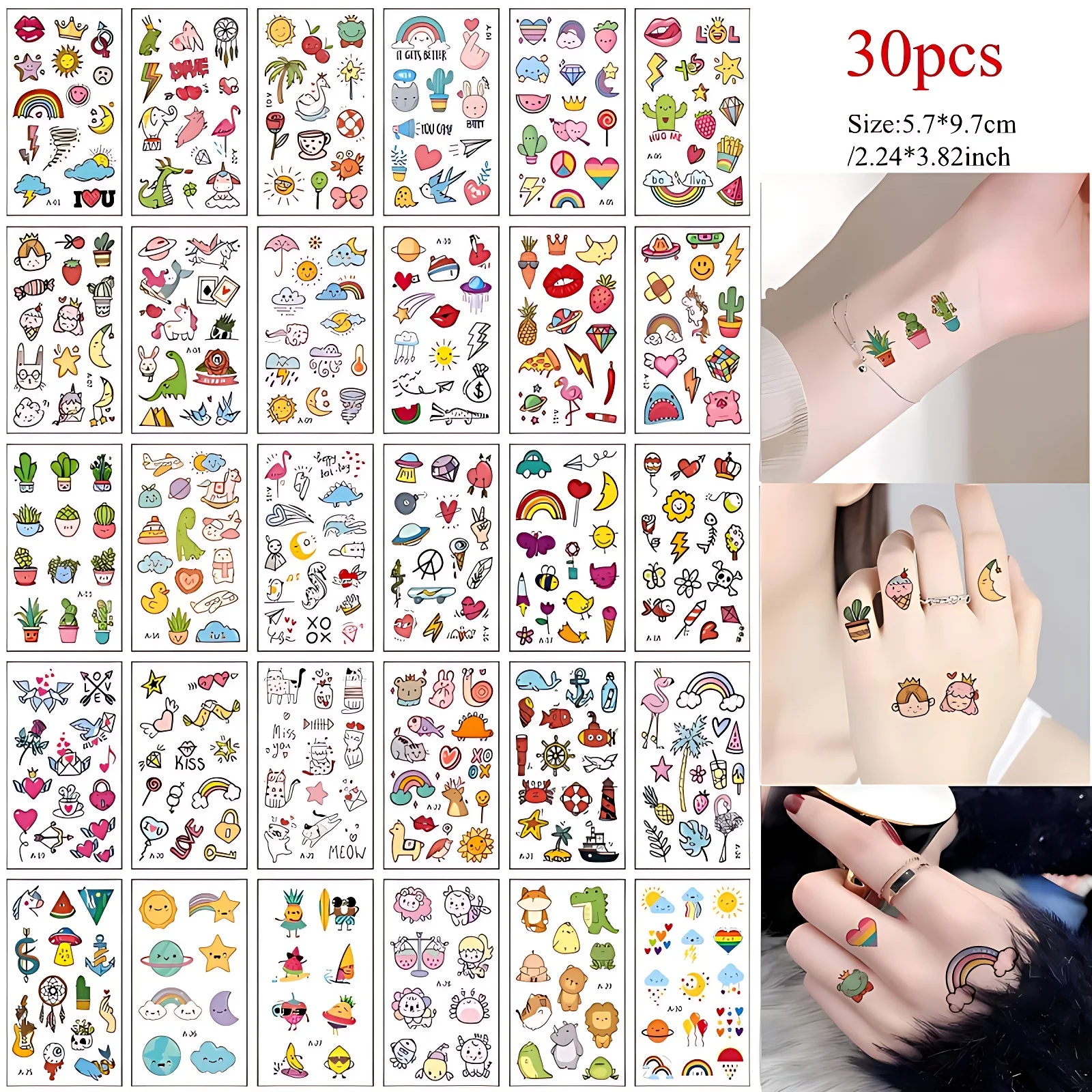 30sheets Tiny Kawaii Tattoo Adhesive for Kids Child Cute Cake Sun Lion Cat Cactus Lock key Waterproof Transfer Tattoo Party Gift