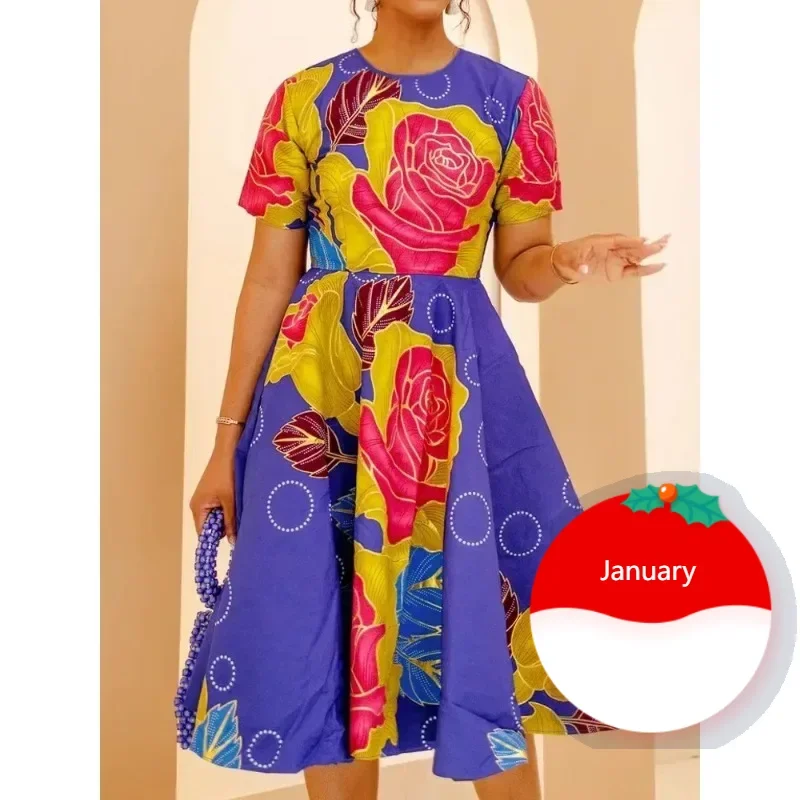 

Plus Size 4XL 5XL Elegant Spring Summer Midi Dress 2025 Women Short Sleeve Vestidos Casual Loose Flower Printing Long Robe