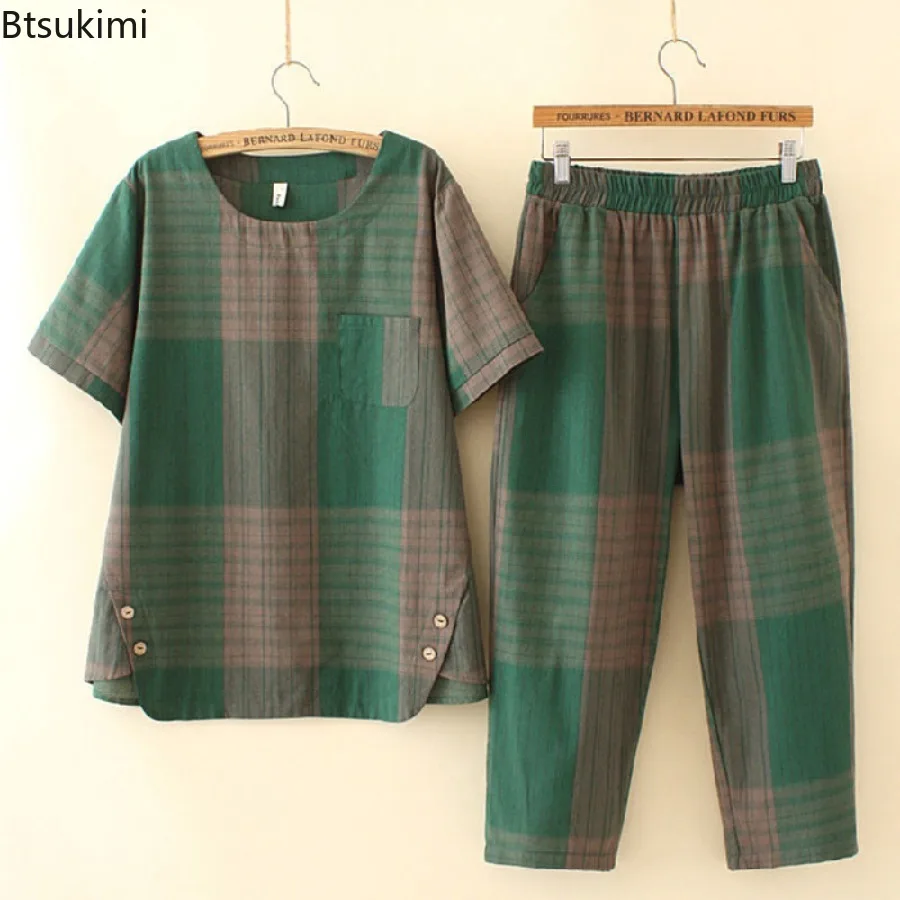 

2025 Summer Women Two Piece Pant Set Stripe Round Neck Button Design T-shirt Pant Outfit Loose Pants Sets Casual Daily Clothing