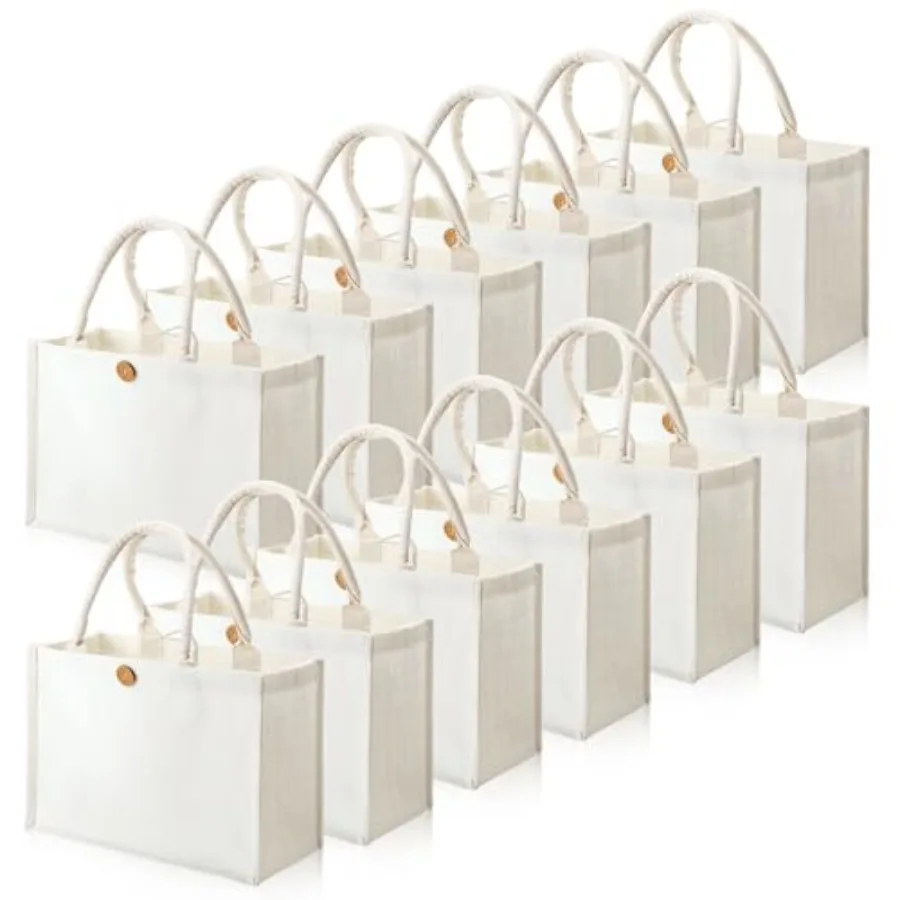 

12 Pieces Jute Tote Bags Burlap Tote Beach Bags with Handles Reusable Waterproof Tote Shopping Bag Blank DIY Canvas Gift Bag