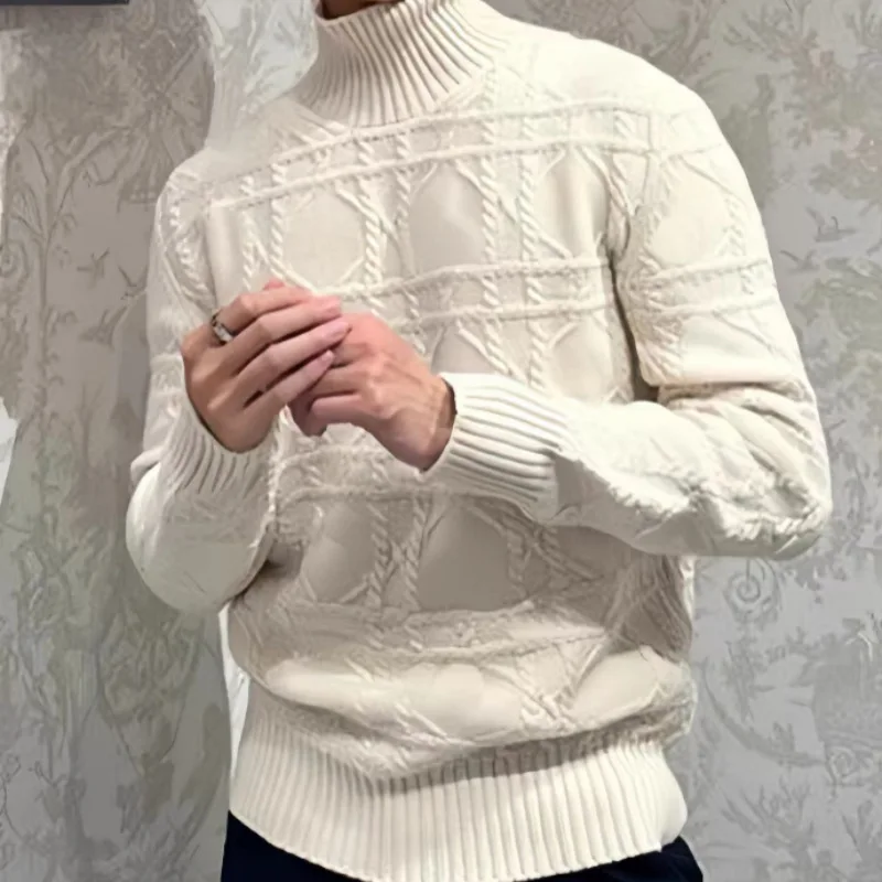 

Оригинальный дизайн, осенняя новинка, модный простой вязаный свитер с высоким воротником, повседневный, с вышивкой в клетку, мужская одежда, удобный, дышащий