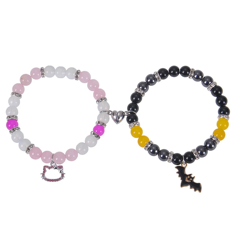 2Pcs Halloween Spider Cat Bat Couple Bracelets For Women Men Heart Magnetic Matching Bangle Stone Crystal Beads Bracelet Jewelry