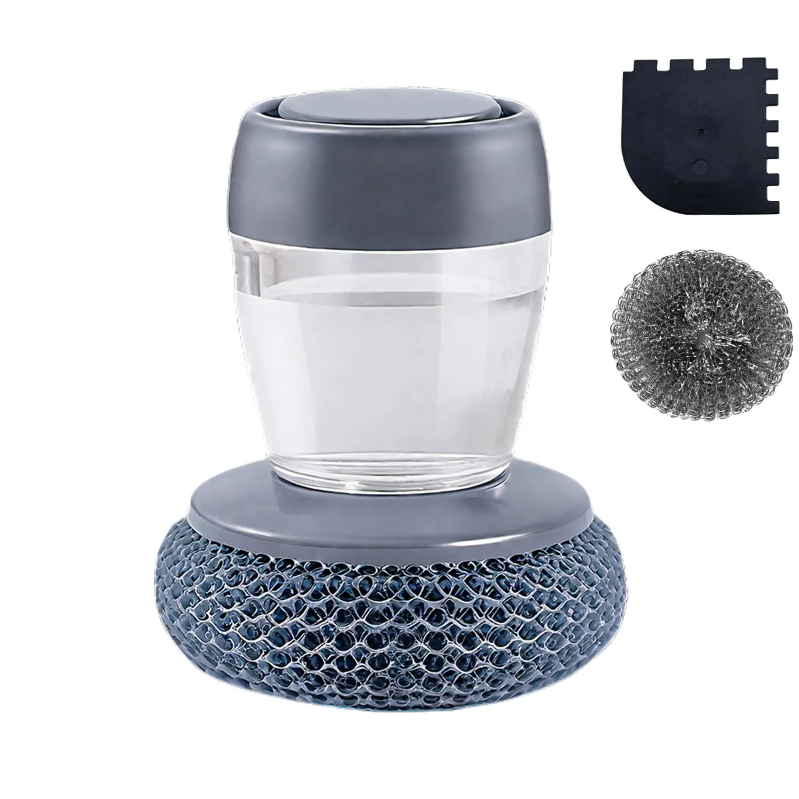 Dishwasher with soap dispenser, replaceable steel wool, and cleaning solution storage tank, suitable for pans and grills