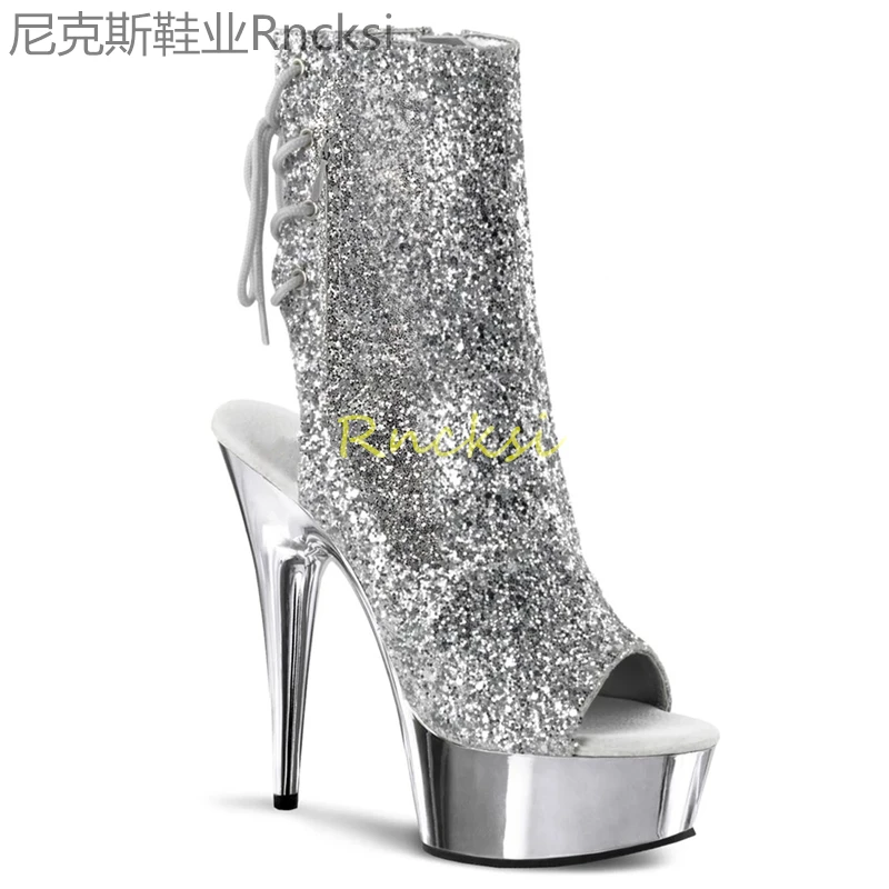 15cm autumn large size heel high heel boots side zipper short boots super high heel silver fish mouth