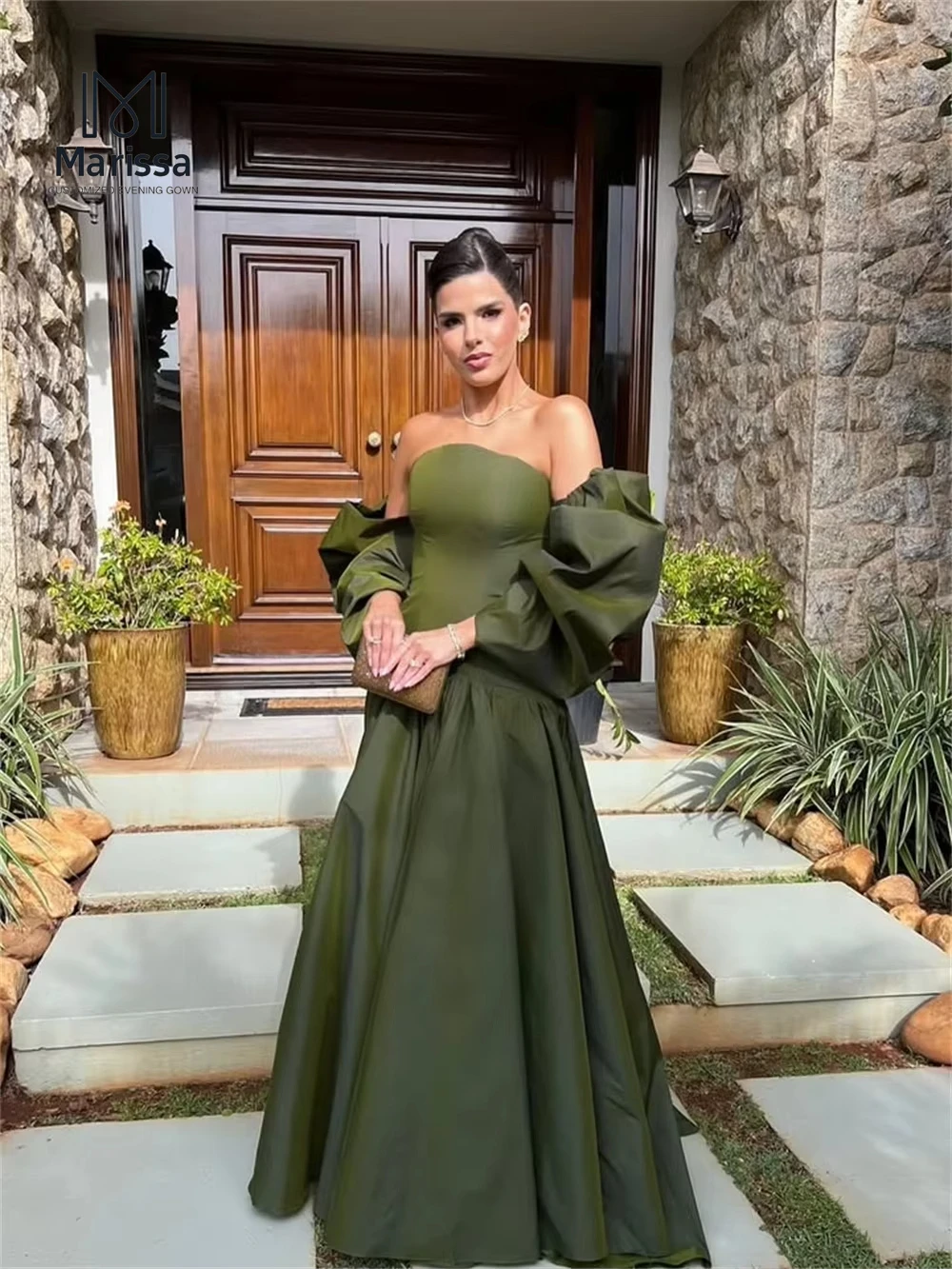 マリッサ オフショルダー サテン イブニングドレス 高級パーティー カスタムメイド プロムドレス ラインA ボールガウン 取り外し可能パフスリーブ 2025