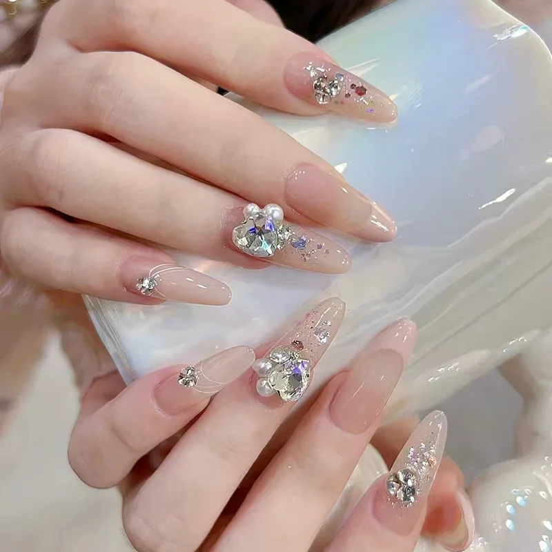 24Pcs Long Almond False Nails Press on Leopard Print Cat's Eye Design Full Cover Nails Tips Pearl Rhinestone Reusable Fake Nails