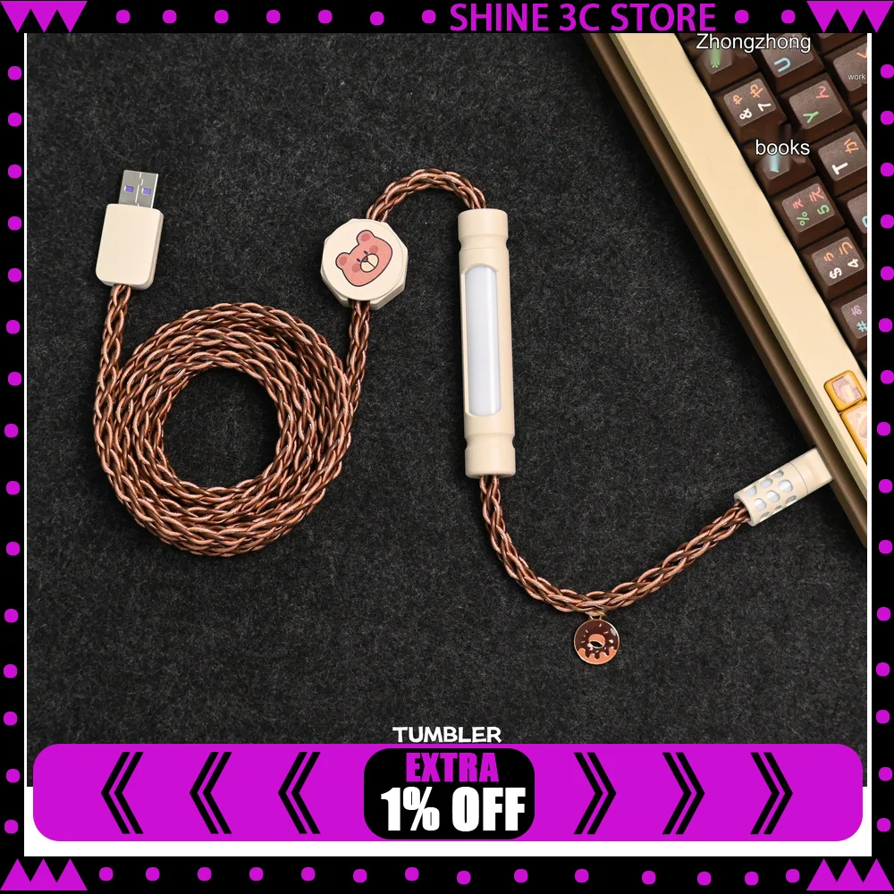 Tumbler Studio Dessert Bear Theme Single Crystal Copper Mechanical Keyboard Aviator Cable Coiled Gaming Magnetic Switch Cord