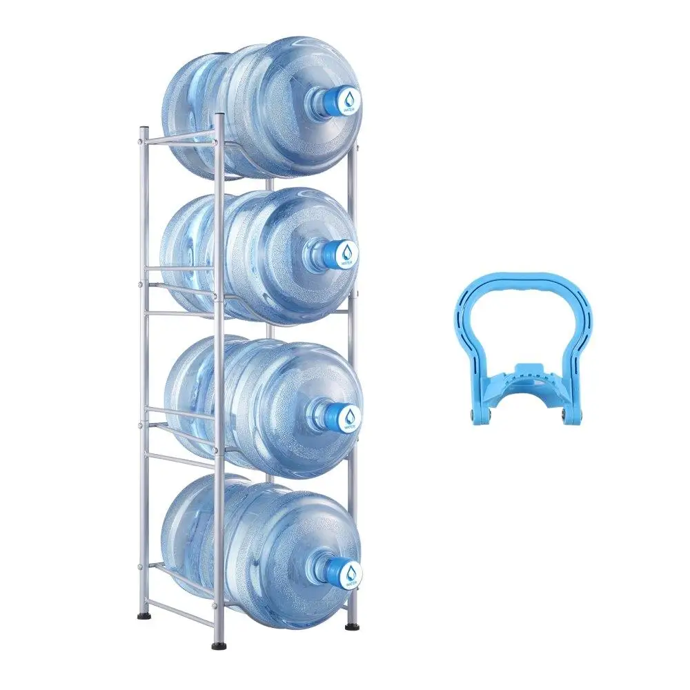 

for 4 Tier Heavy Duty Water Dispenser Rack for 4 for gallon Jugs Single Row Detachable Storage Shelf Organizer Silver