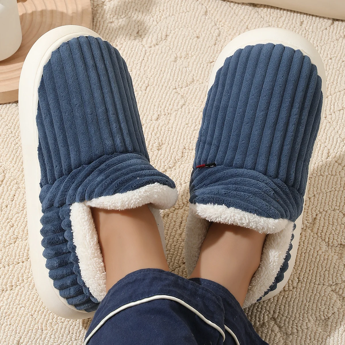 

Shevalues Winter Men Cotton Shoes 2024 New Plush Lined Outdoor Cotton Boots Warm Fur Women Slippers Fuzzy Fluffy Men House Shoes