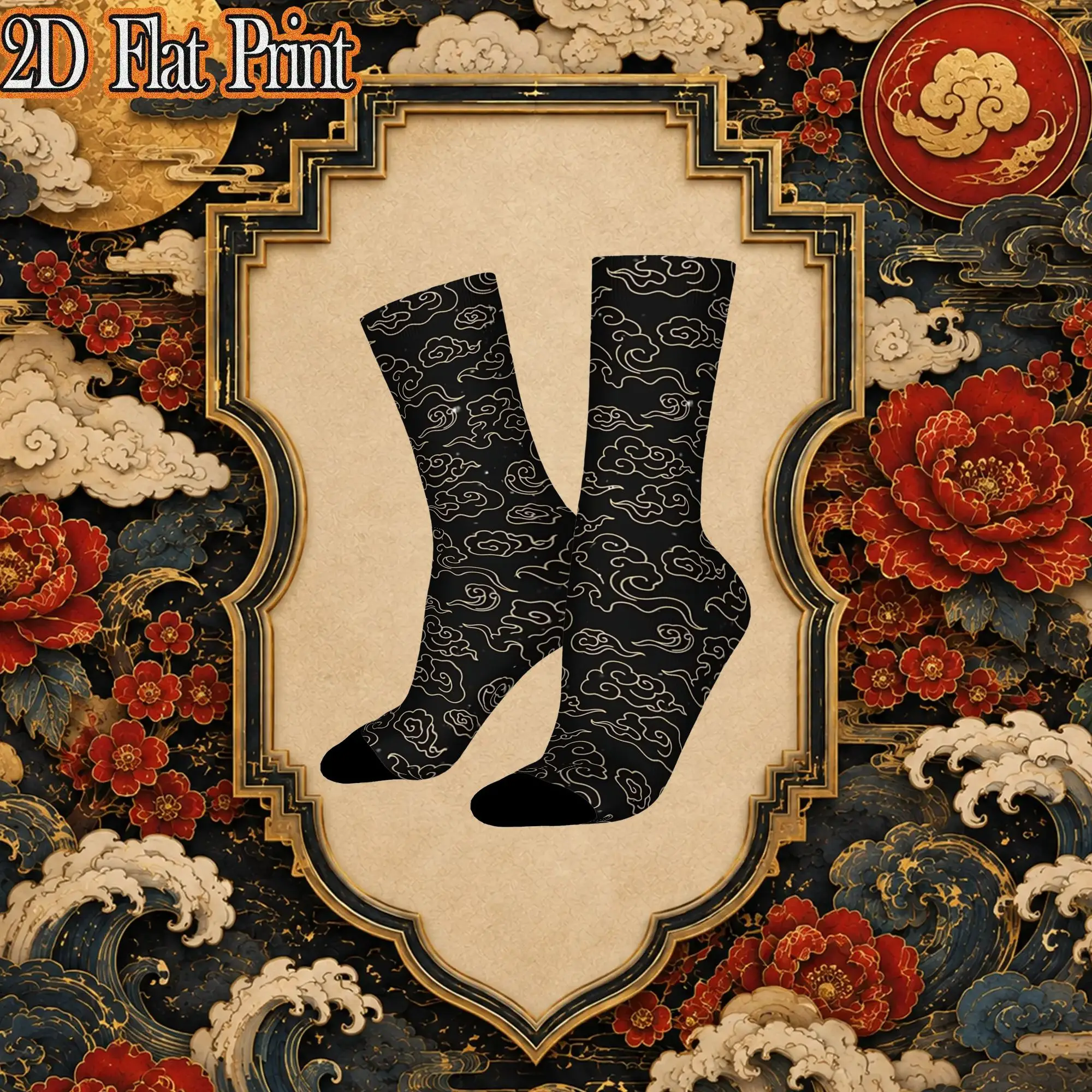 Ancient Oriental Cloud Pattern Graphic Retro  Street Style Novelty Seamless Crew Creative Sock Sports Socks