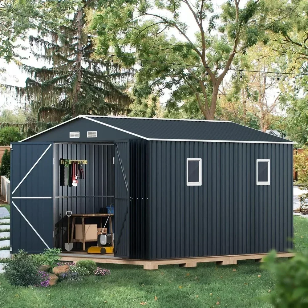 10X12X7.5 Foot Outdoor Steel Storage Shed with Lockable Doors, 2 Windows, and Transparent Roof Panels