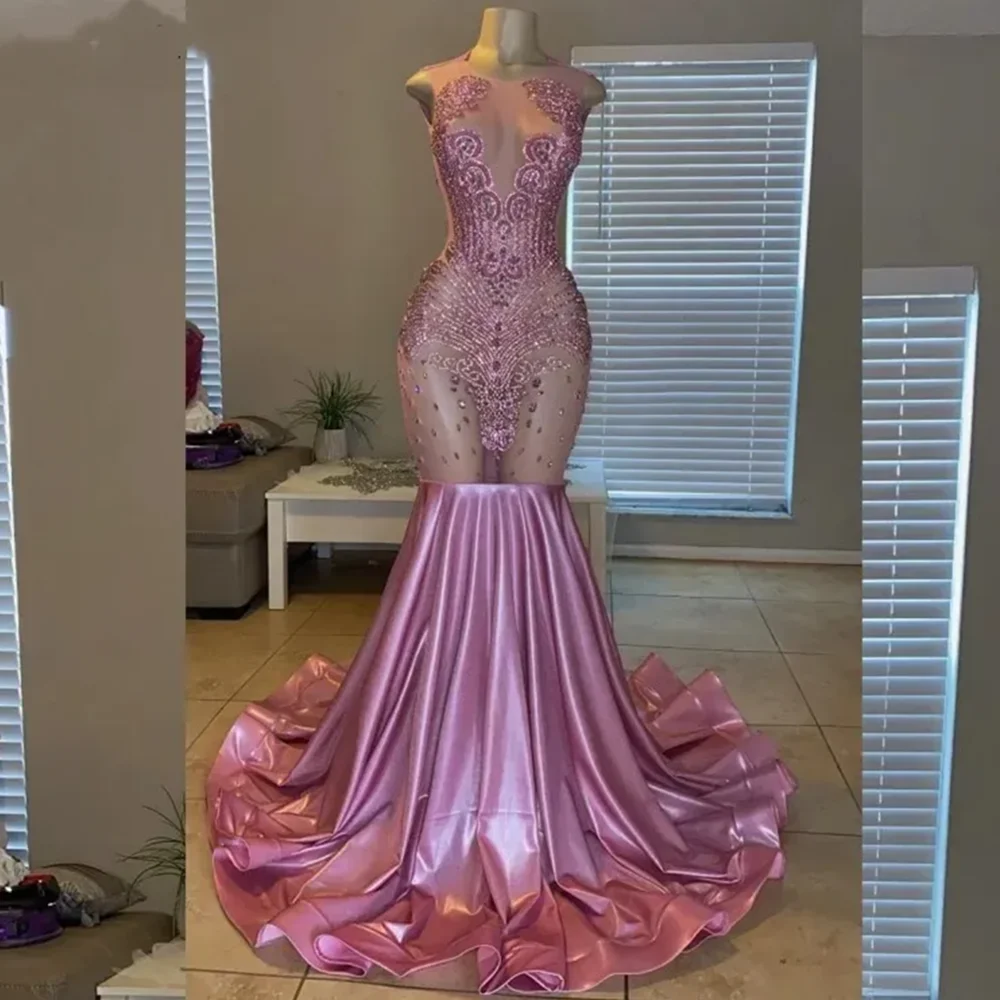 다이아몬드 인어 댄스 파티 드레스 쉬어 넥 파티 가운 지퍼 베스 티드 드 갈라 아프리카 여성 이브닝 드레스