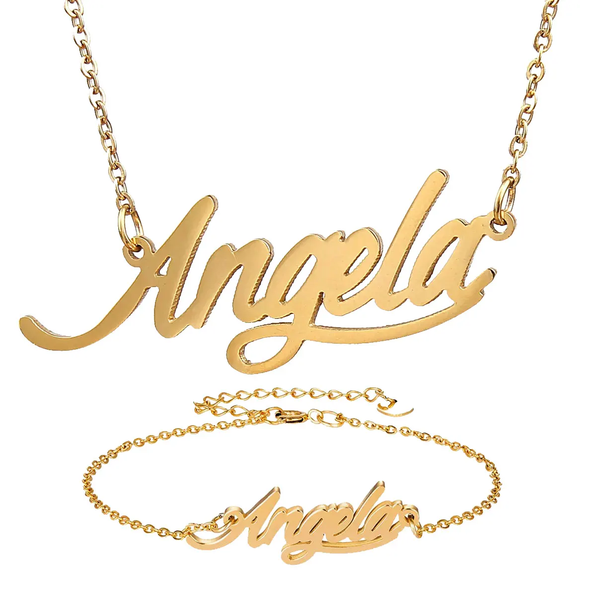 

Angela Nameplate Stainless Steel Name Necklace + Bracelet Jewelry Set Letters Choker Pendant Girls Gift