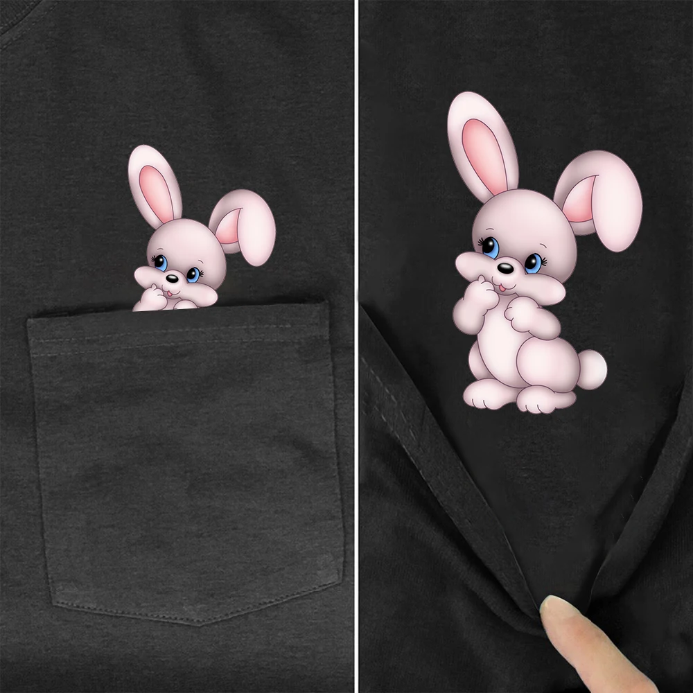 CLOOCL Cute Bunny T-shirts Female Black Pure Cotton Rabbit Pocket Tees Funny Womens Tees Summer Hip Hop Tops Graphic T Shirts