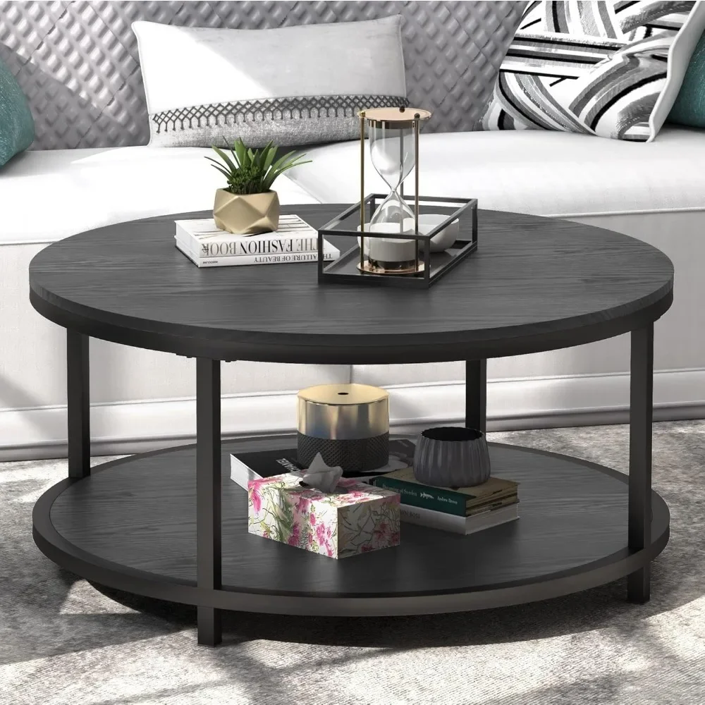 Rustic Industrial 35.8" Round Coffee Table with Storage Shelf and Sturdy Metal Legs, Easy Assembly