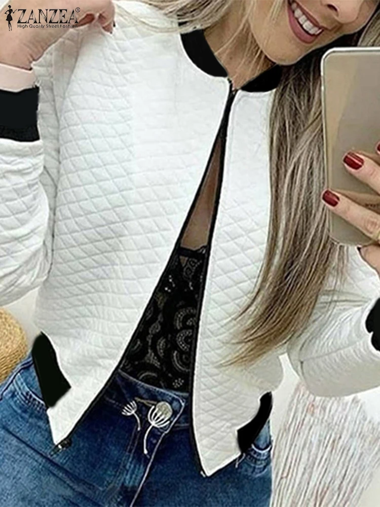 ZANZEA Women Pattern Jacket 2024 Autumn Long Sleeve Short Coats Vintage Zipper Round Neck Outwears Casual Loose Baseball Jacket