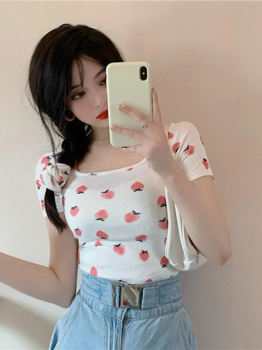 Slimming Short Sexy Cool Girl T-Shirt Women's Summer Versatile Square Collar Base Shirt Top Student Trendy Print Casual Style