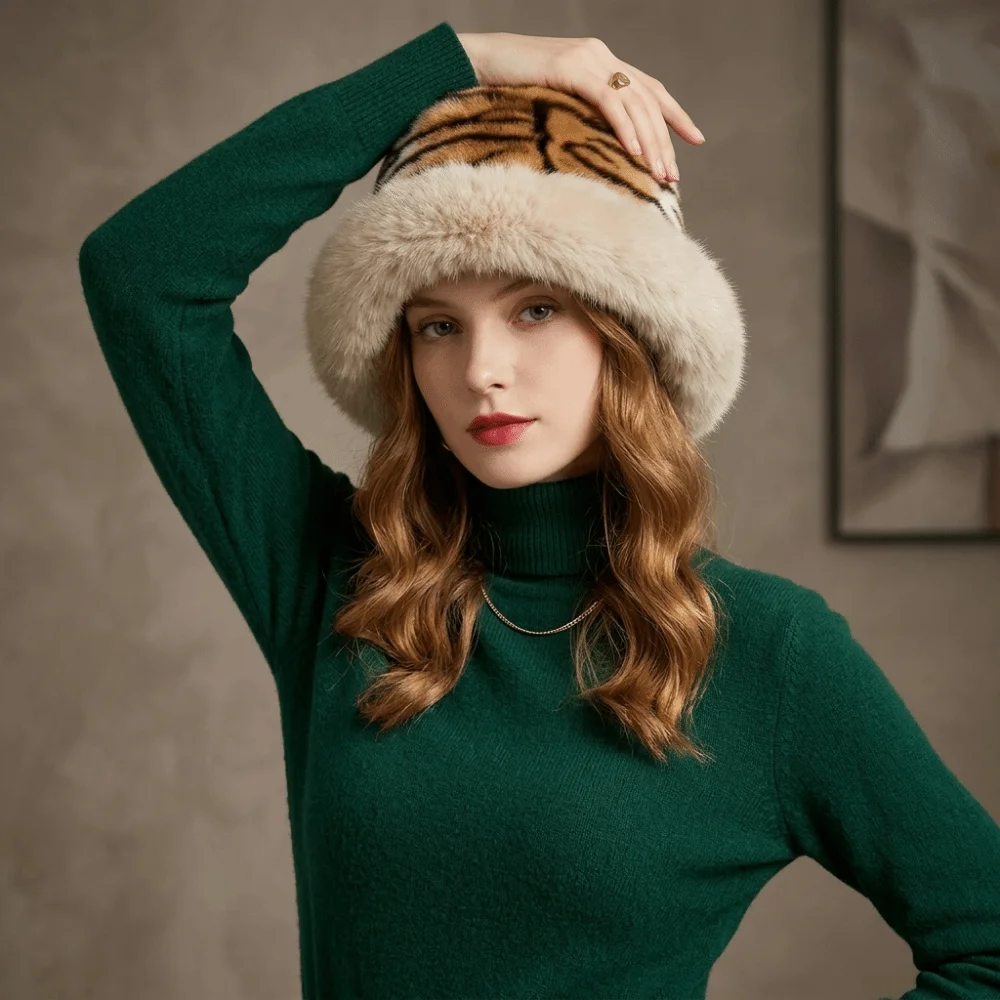 New Leopard Pattern Winter Hat Fluffy Fur Bucket Hat Cold Windproof Solid Color Mongolian Hat Outdoor