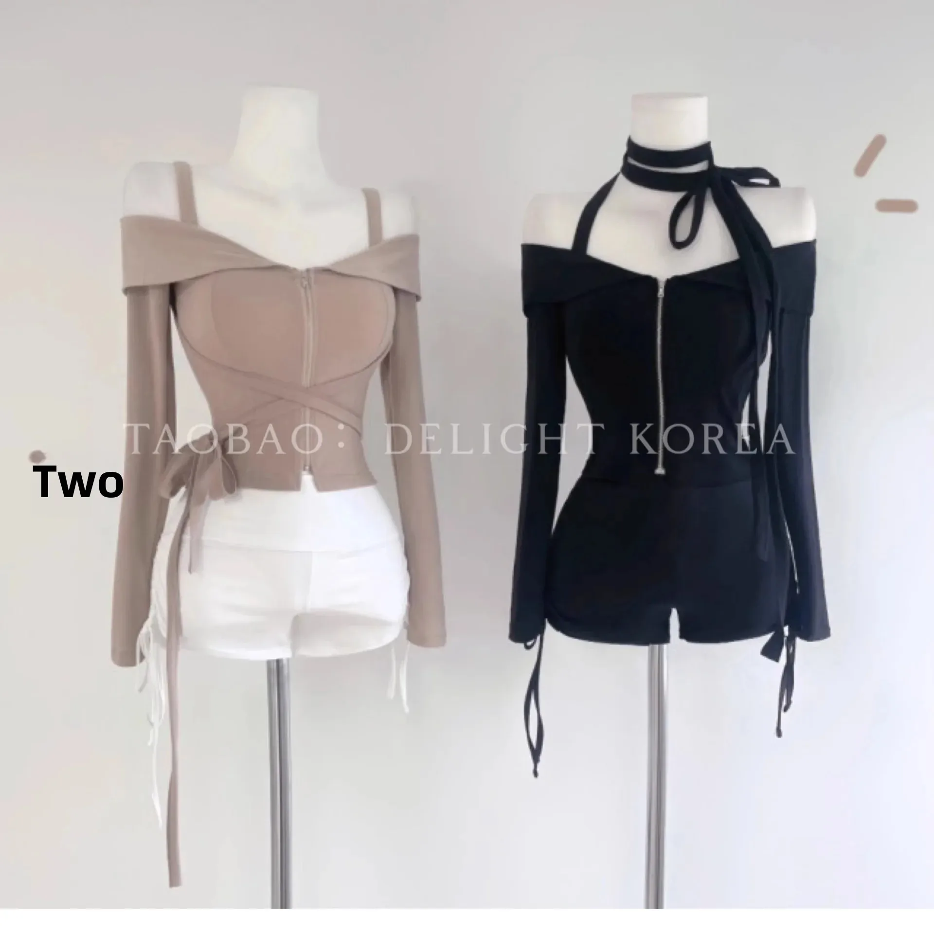 Dongdaemun الكتف عارية طويلة الأكمام تي شيرت المرأة حجم كبير الصدر تعزيز النمط الكوري الرغبة النقية سترة