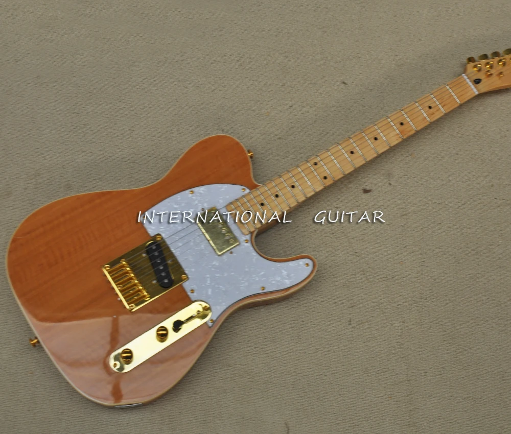 

6 Strings Natural Wood Color Ash Electric Guitar with White Pearl Pickguard,Yellow Maple Fretboard