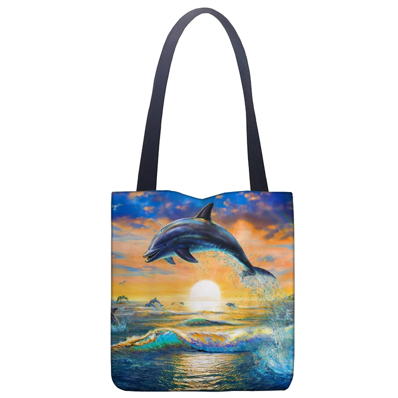 Ocean Dolphin Print Casual Tote Bag Linen Tote Bag Women\'s Foldable Fashion Travel Bag Women Portable Eco Shopping High Quality