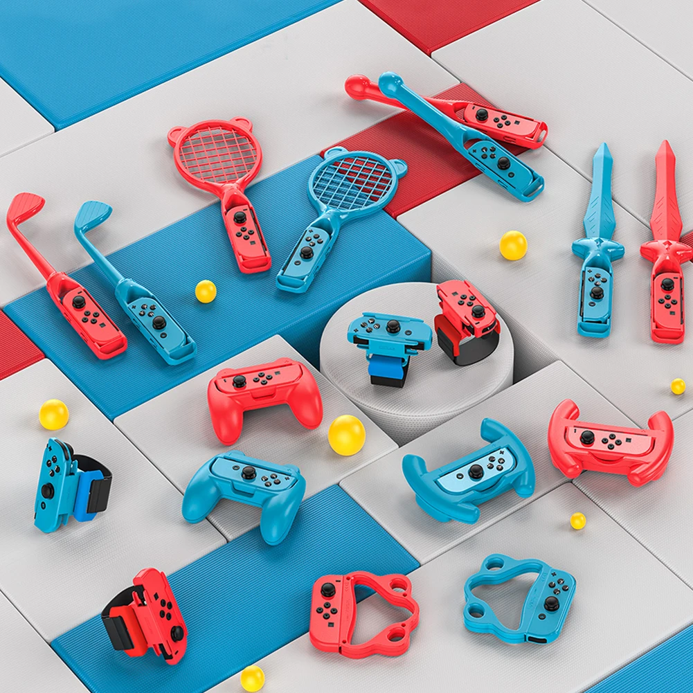 Family Accessories Kit for Switch Sports Games Golf Clubs Tennis Rackets Sword Grips Joy-con Grips Controller Grips for Joycon