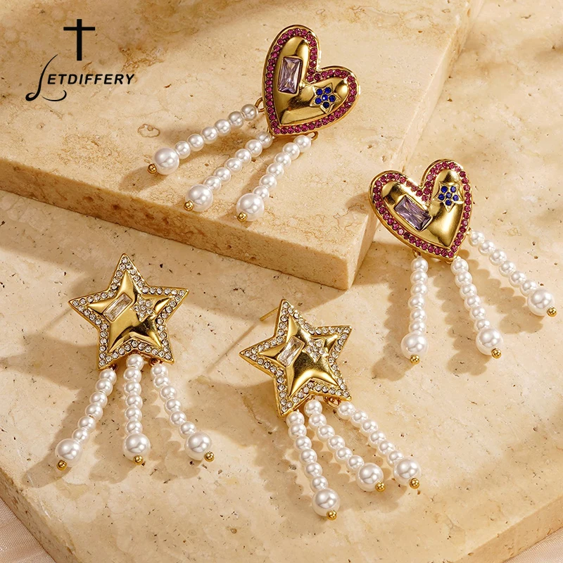 Letdiffery New Fashion Star Heart Tassel Earrings for Women Stainless Steel White Bead Chain Zircon Drop Stud Party Jewelry Gift