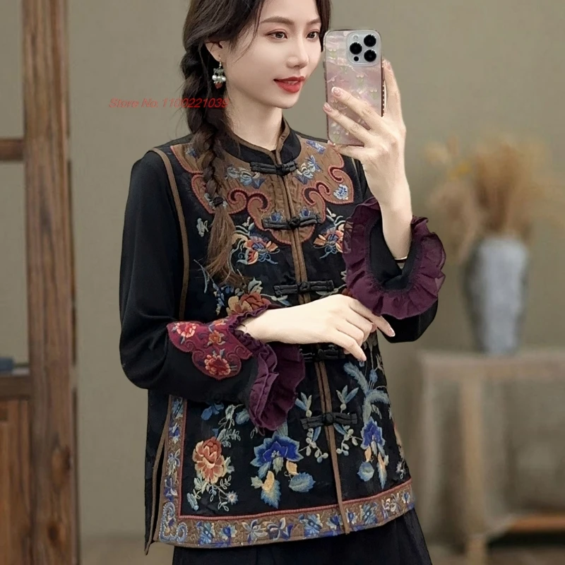 2025 chinese vintage vest national flower embroidery satin jacquard vest tang suit oriental stand collar vest sleeveless jacket