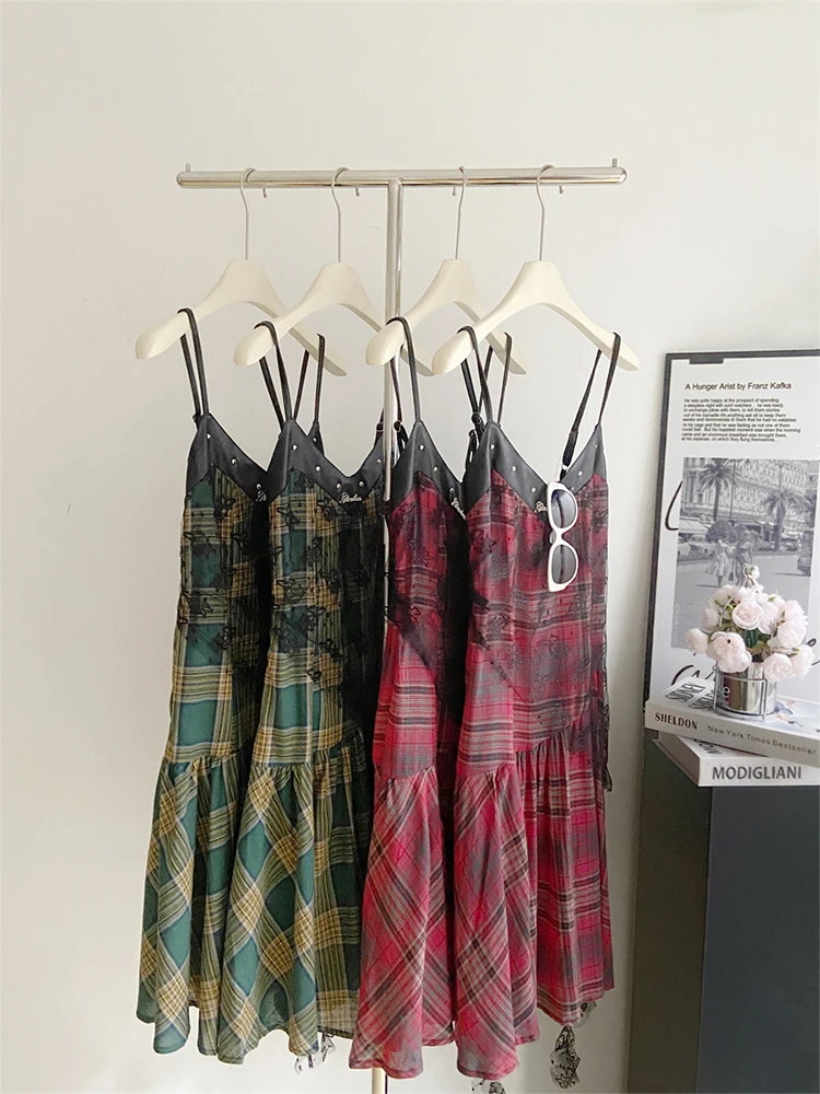 Women Red Plaid A-line Lace Dress Vintage Elegant Sleeveless Off Shoulder Dresses Emo Y2k One Piece Frocks 2000s Clothes Summer