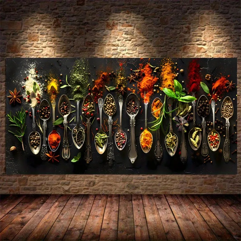 Kitchen Art Colorful Spices Grains and Spoon Table Canvas Print Poster, Modern Home Decor Wall Art, Frameless Deco Classic Style