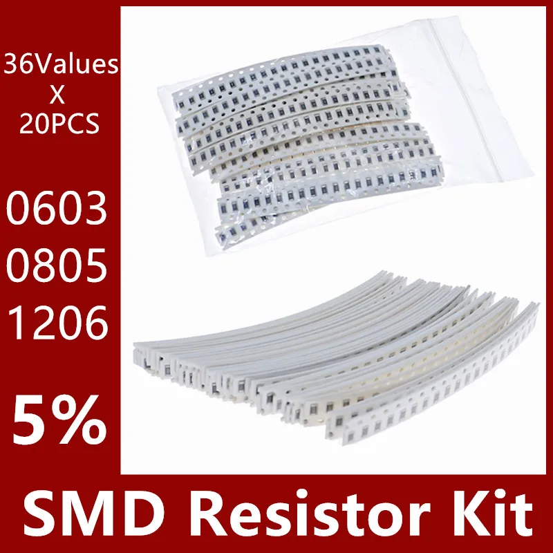 36Values X 20pcs=720pcs 1206 0805 0603 SMD Resistor Kit Sample bag 5% 1ohm~10M ohm SMD resistors Assorted Kit 1R ​ 3.3R 10k 1M