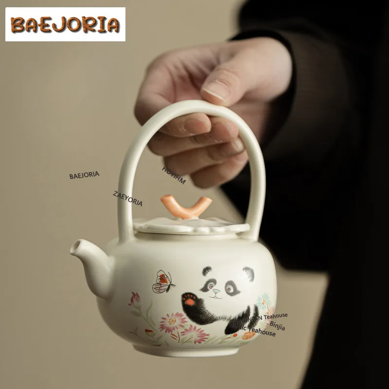 BAEJORIA 176ML Cream Ding Kiln Panda Play Butterfly Lifting Beam Teapot Handmade Tea Infuser Pot Tea Making Kettle Filter Gifts