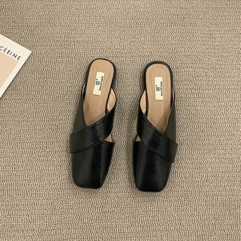 Cover Toe Shoes Mules For Women 2025 Female Slippers Square heel Med Slides Shallow Fashion New Block Luxury Fabric Rubber PU Ho