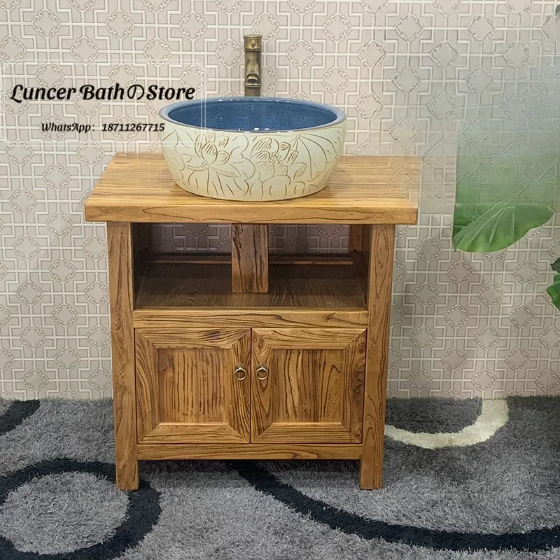 Mueble de Baño Antiguo de Madera Maciza con Lavabo Integrado, Encimera de Olmo Antiguo para Espacios Pequeños, Conjunto de Lavabo Chino Vintage