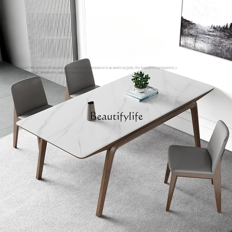 Solid wood rock slab dining table Simple imported ash wood solid wood legs Rectangular rock slab dining table