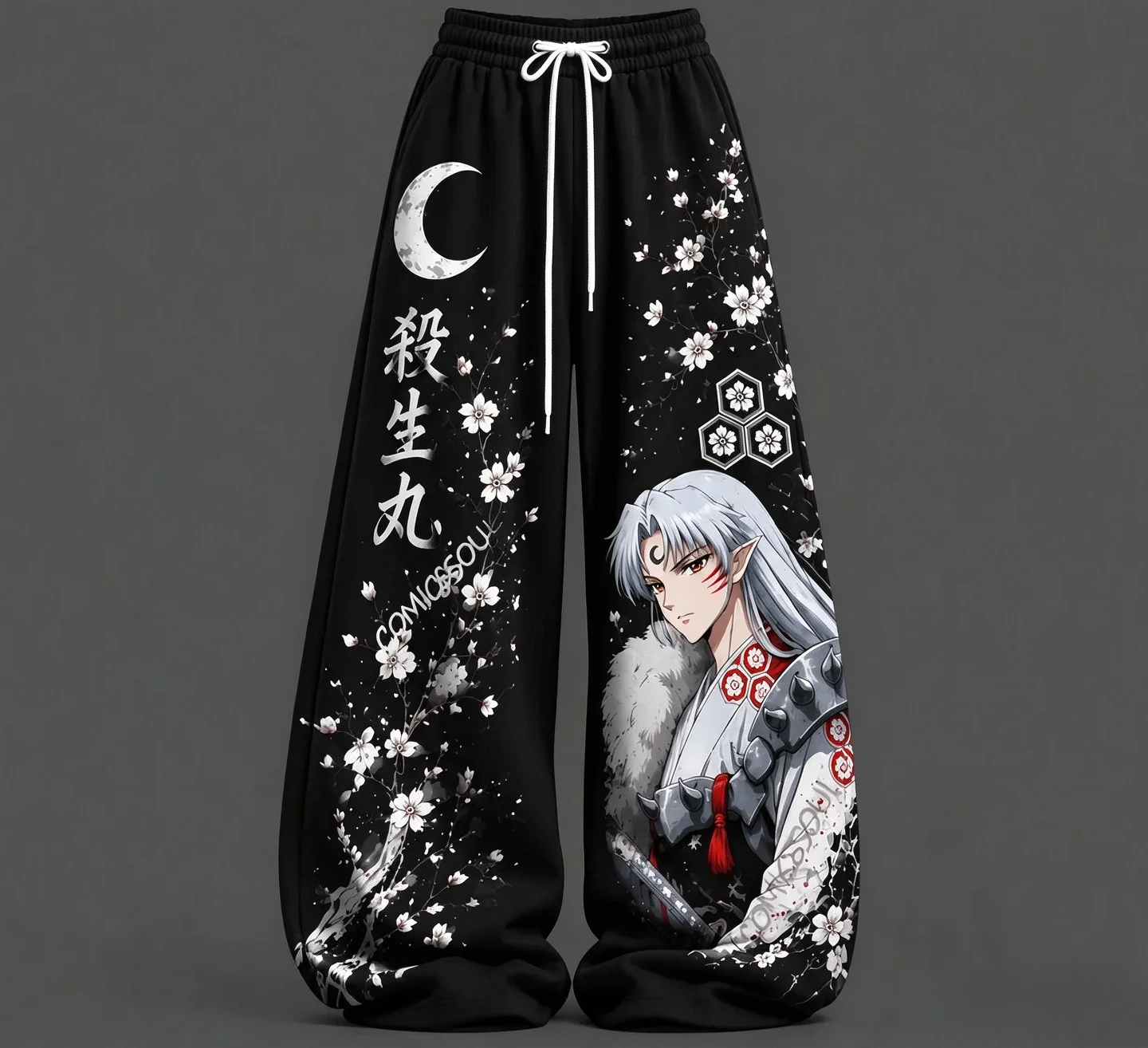 Sakura Moon Samurai Character Baggy Trousers, Light Silky Drawstring Pants for Mountain Trip & Retro Comic Art Illustration Fans