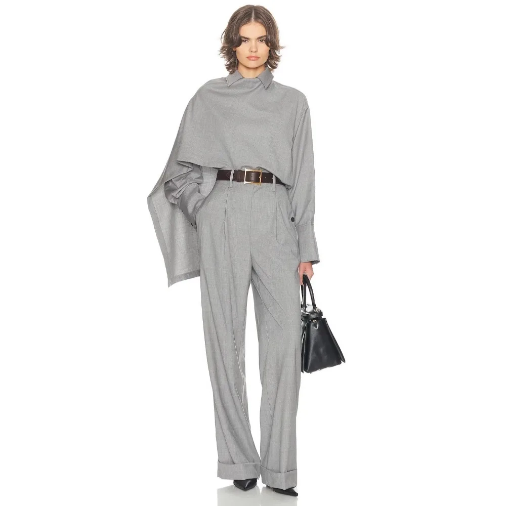 Fashion Gray 2 Piece Set Lapel Asymmetric Solid Color Long Sleeves Top High Waist Straight Pants Elegant Casual Office Lady